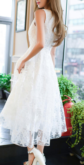 Women Sleeveless Star Design Lace Party Dress White