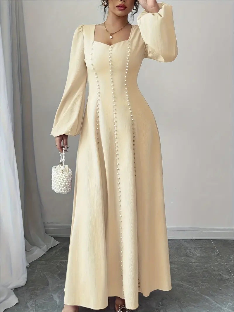Women's Elegant Beaded Long Sleeve Square Neck A-Line Maxi Dress with Defined Waist