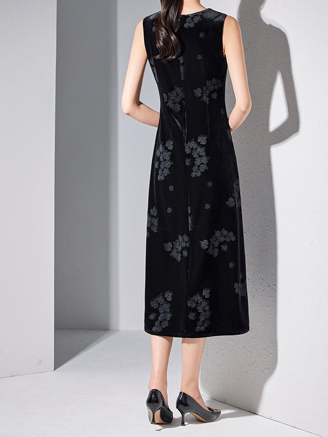 High-End Gold Velvet Black Suspender Slim Dress