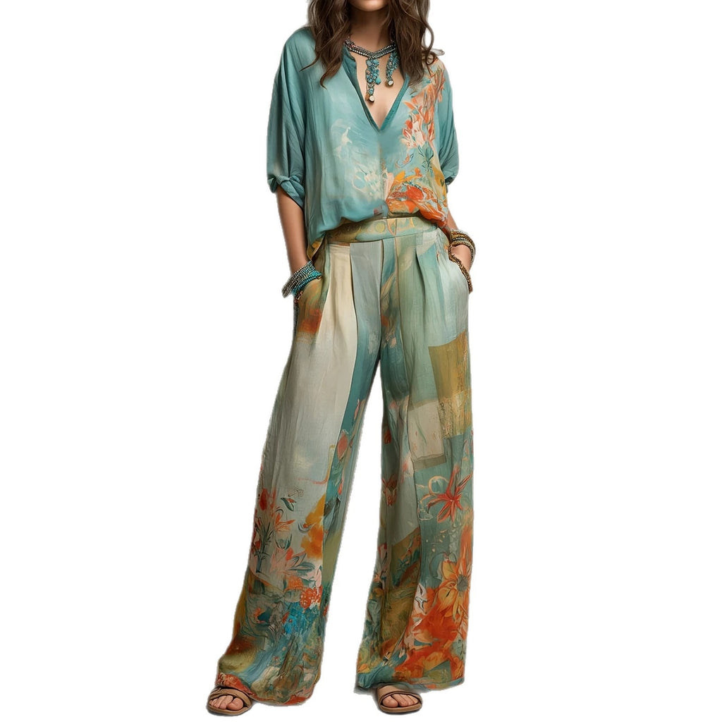 Women's Casual Resort Style Deep V-Neck Top & Wide-Leg Pants Two-Piece Set