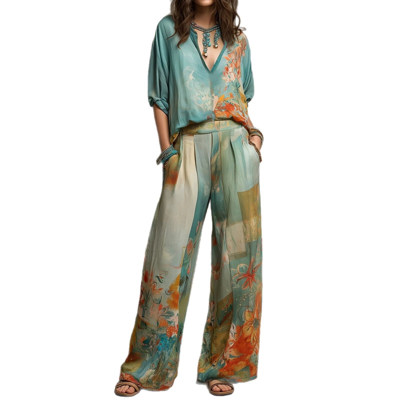 Women's Casual Resort Style Deep V-Neck Top & Wide-Leg Pants Two-Piece Set