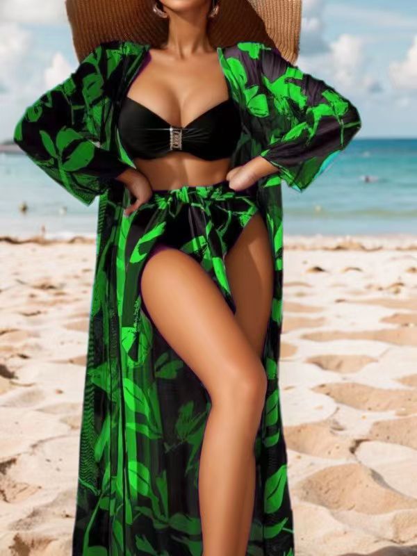 Women's Three-Piece Bikini Set - High-Waist Bottom, Long Cover-Up, Split Design