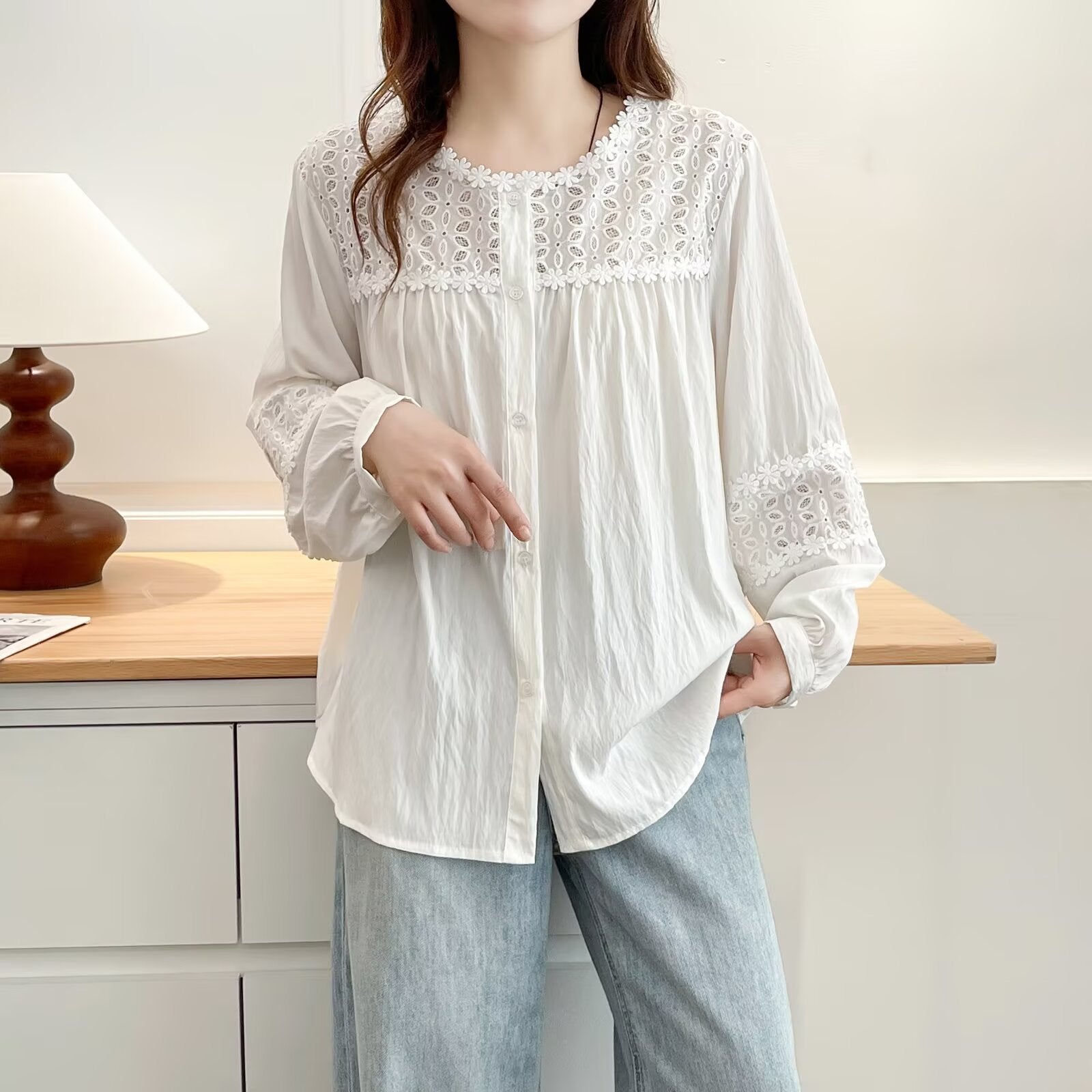 Women's Crochet Patchwork Long Sleeve Shirt – Trendy Casual Button-Up Blouse for Everyday Wear
