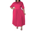 Plus Size Women's Autumn Winter Pleated Long Dress – Short Sleeve Round Neck Elegant Casual Maxi Dress