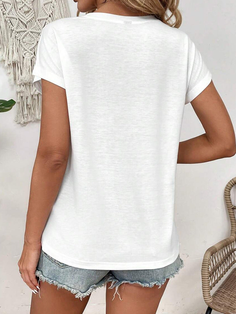 Women's Summer Round Neck Cut-Out Splice Short Sleeve Casual T-Shirt Top