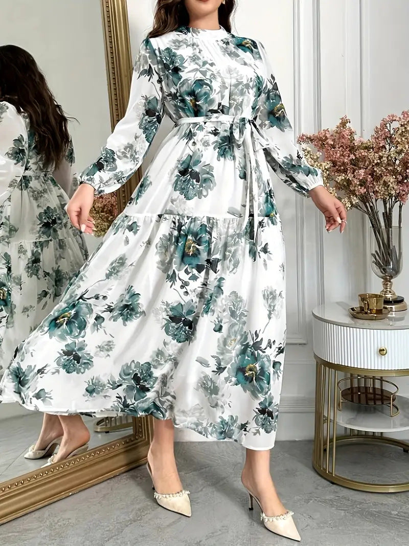 Plus Size Women's French Inspired Lace-Up Summer Dress, Elegant Slim Fit Long Chiffon Holiday Maxi Swing Dress
