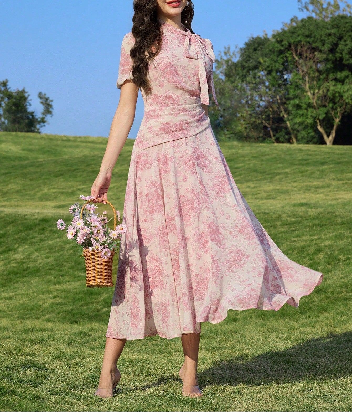 Women's Summer Vacation Long Chiffon Dress with Defined Waist, French Inspired Flowing Maxi Skirt