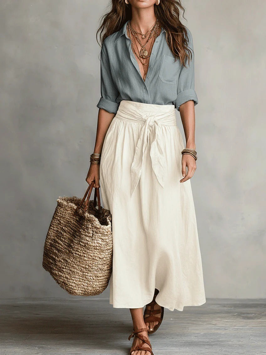 Long Sleeve Shirt & Color Block Tie-Waist Midi Skirt 2-Piece Set for Women