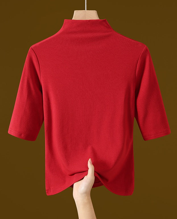 Women's Elegant White Turtleneck Mid-Sleeve Top - Classic High-Neck Fashion Shirt