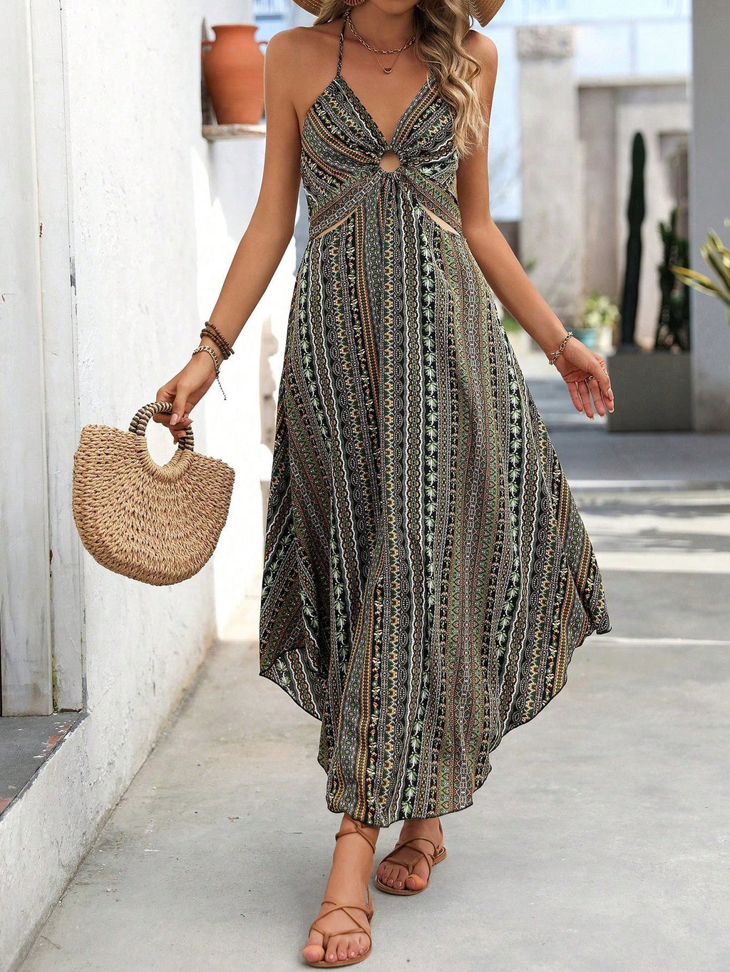 Women's Summer Printed Sling Dress with Lace Detail and Decorative Neck Casual Midi Dress