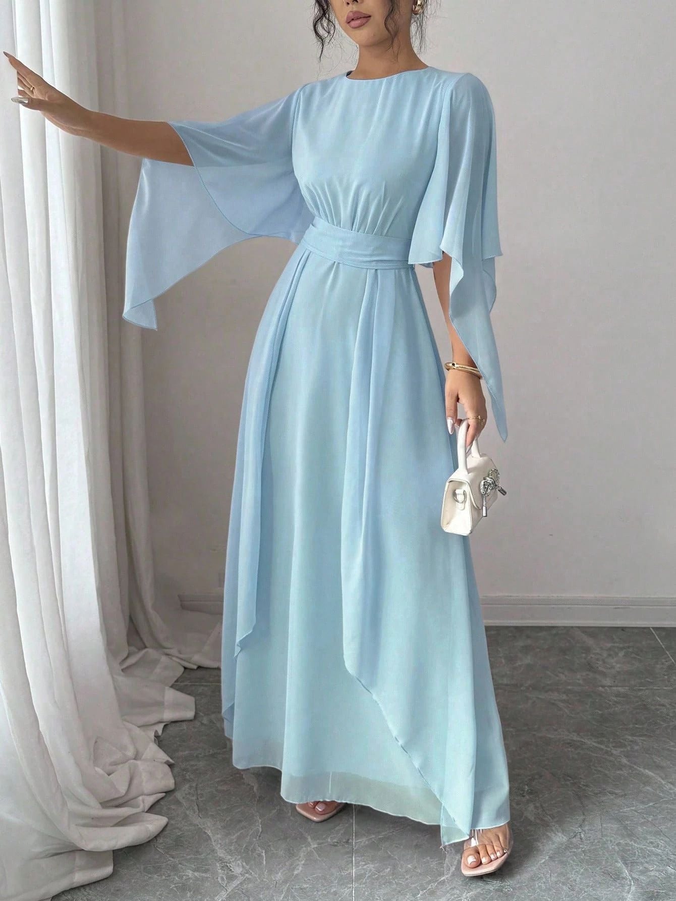 Women's Light Blue Elegant Long Dress – Modern Flowing Maxi Dress for Party, Wedding, Evening, Vacation & Special Occasions