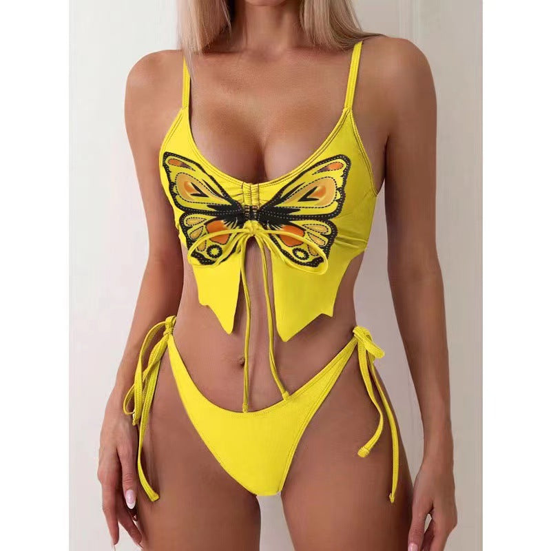 New Butterfly Flower Double Shoulder Strap Bikini Backless Split Swimsuit for Women
