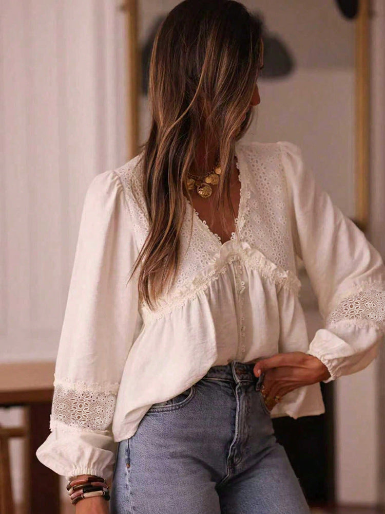 Women's Floral Lace Embroidered Loose V-Neck Shirt – Elegant Casual Long Sleeve Blouse