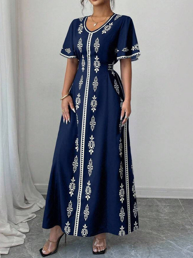 Fashion Printed Women's Summer Dress – Elegant Short Sleeve Waist-Cinching Slim Fit Casual Midi Dress