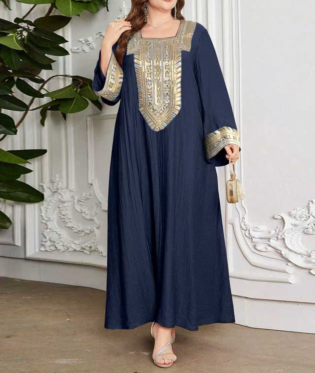 Plus Size Casual Ethnic Style Maxi Dress for Women with Gold Lace Collar, Bell Sleeves, Relaxed Fit, Long Elegant Dress