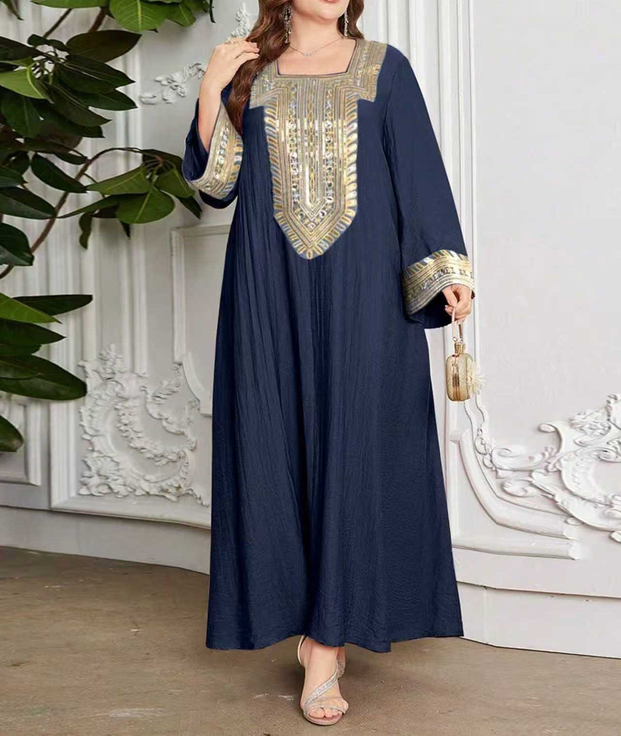 Plus Size Casual Ethnic Style Maxi Dress for Women with Gold Lace Collar, Bell Sleeves, Relaxed Fit, Long Elegant Dress