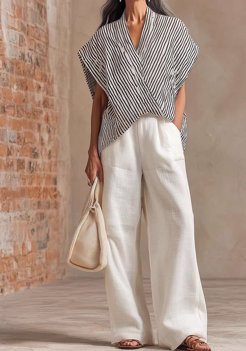 Women's Summer Casual Wide-Leg Pants Two-Piece Set – Short Sleeve Relaxed Outfit