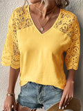 Summer Casual V-Neck Hollow-Out Solid Color Five-Quarter Sleeve Top for Women – Lightweight Relaxed Fit Everyday Blouse
