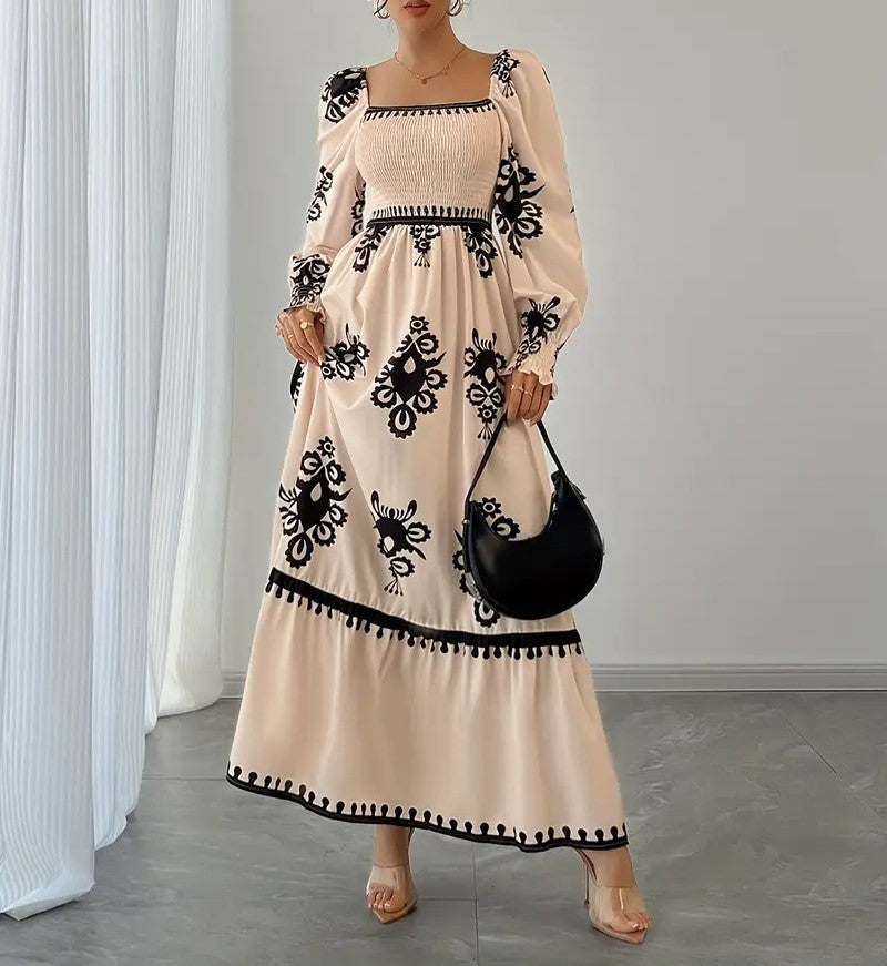 Women's Elegant Printed Square Neck Beach Dress Casual Vacation Midi Dress