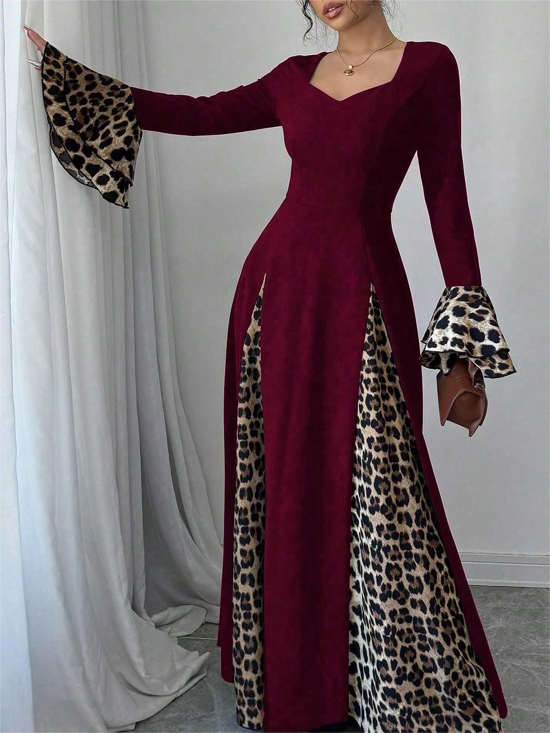 Women's Autumn Winter Leopard Print Contrast Color Trumpet Sleeve Midi Dress