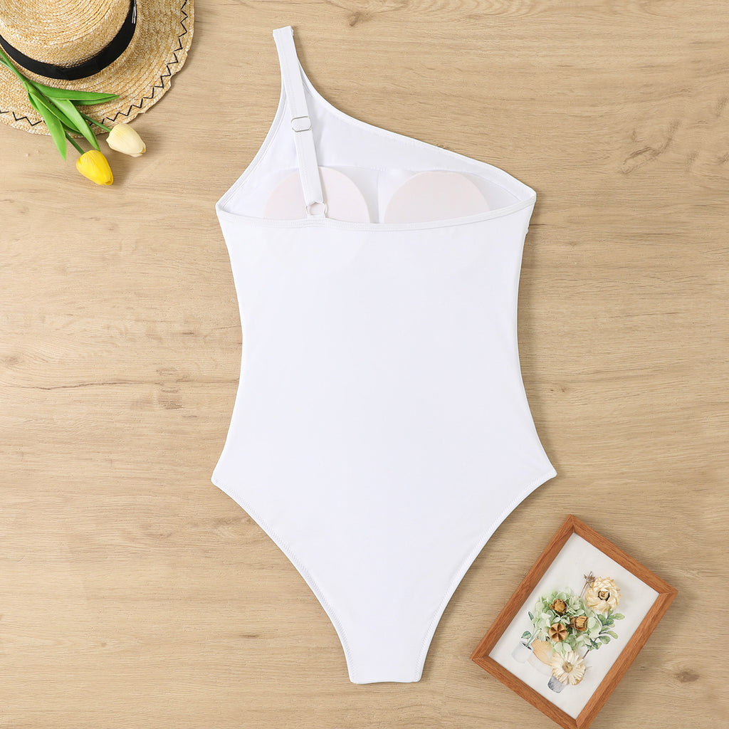 One-Piece Solid Color Single-Shoulder Mesh Stitching Beach Spring Women's Swimsuit Bikini