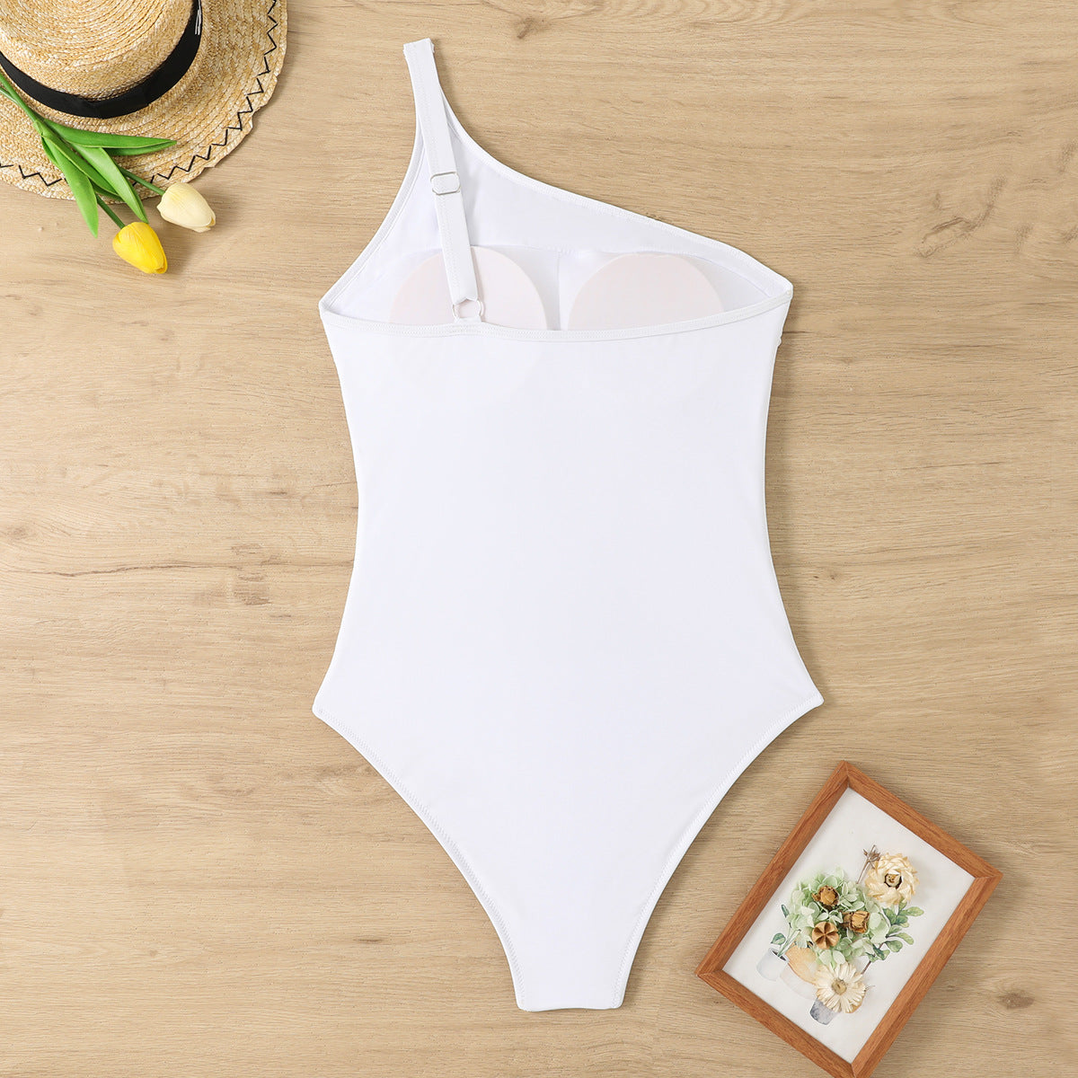 One-Piece Solid Color Single-Shoulder Mesh Stitching Beach Spring Women's Swimsuit Bikini
