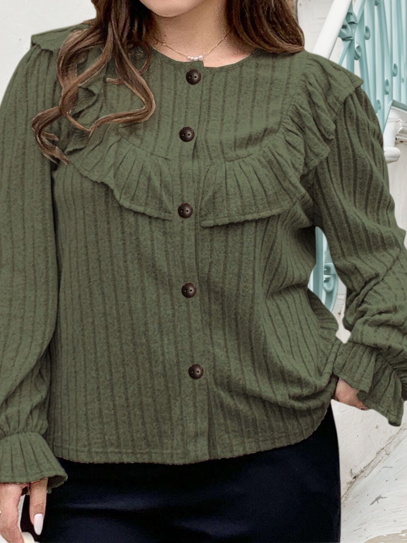 Women's Autumn & Winter Plus Size Ruffled Button-Up Long Sleeve Cover-Up Top