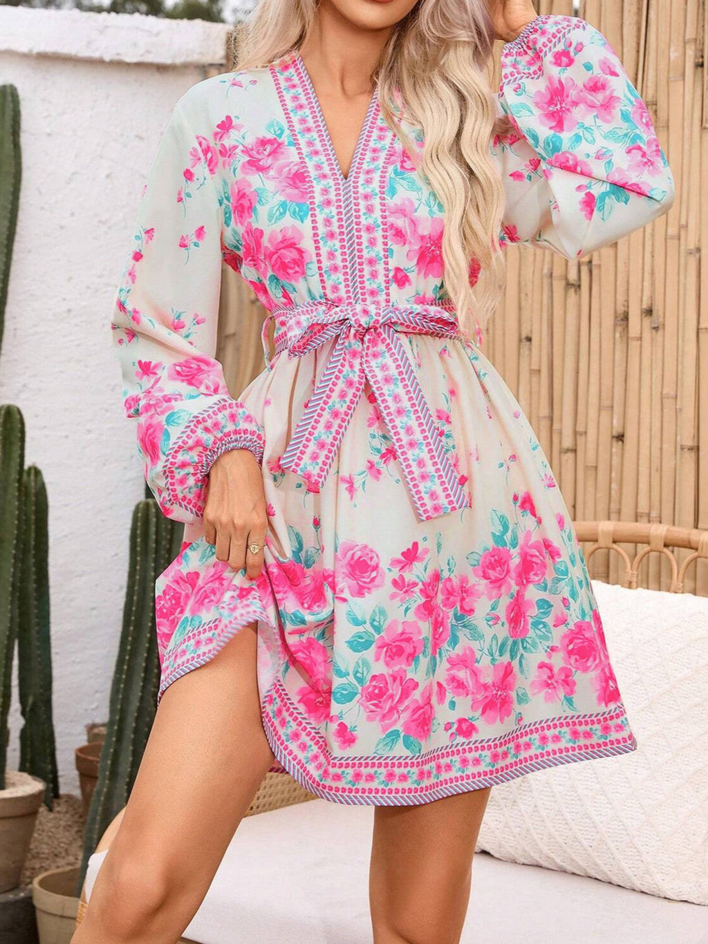 Women's Printed V-Neck Floral Long Sleeve Belted Lantern Sleeve Maxi Dress