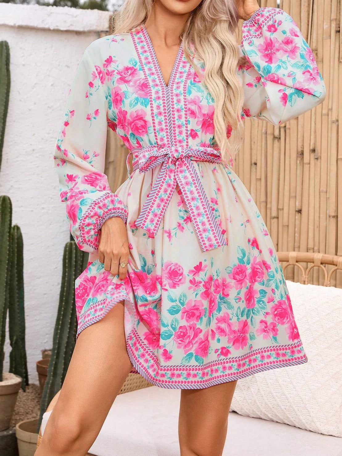 Women's Printed V-Neck Floral Long Sleeve Belted Lantern Sleeve Maxi Dress