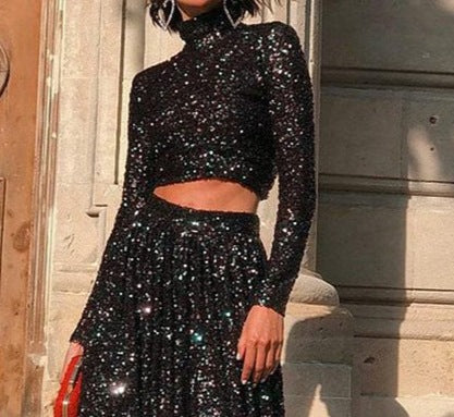 Spring and Summer Elegant High-Neck Long-Sleeved Sequined Dress for Women