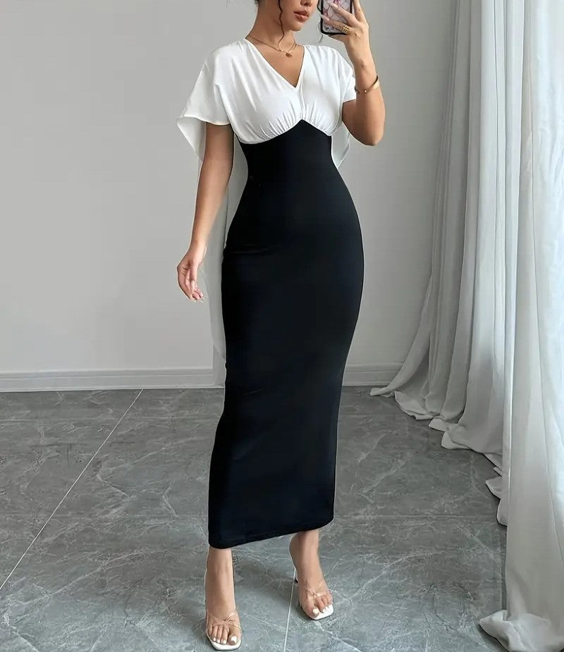 Style Girl Slim Fit Hip Slit Black and White Contrast Cape Dress for Women Elegant Midi Party Dress