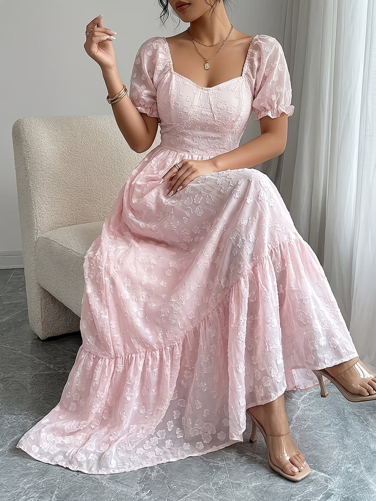 Plus-Size Women's French-Inspired Jacquard Dress with Puff Short Sleeves, Elegant Textured Midi Dress, Comfortable Everyday and