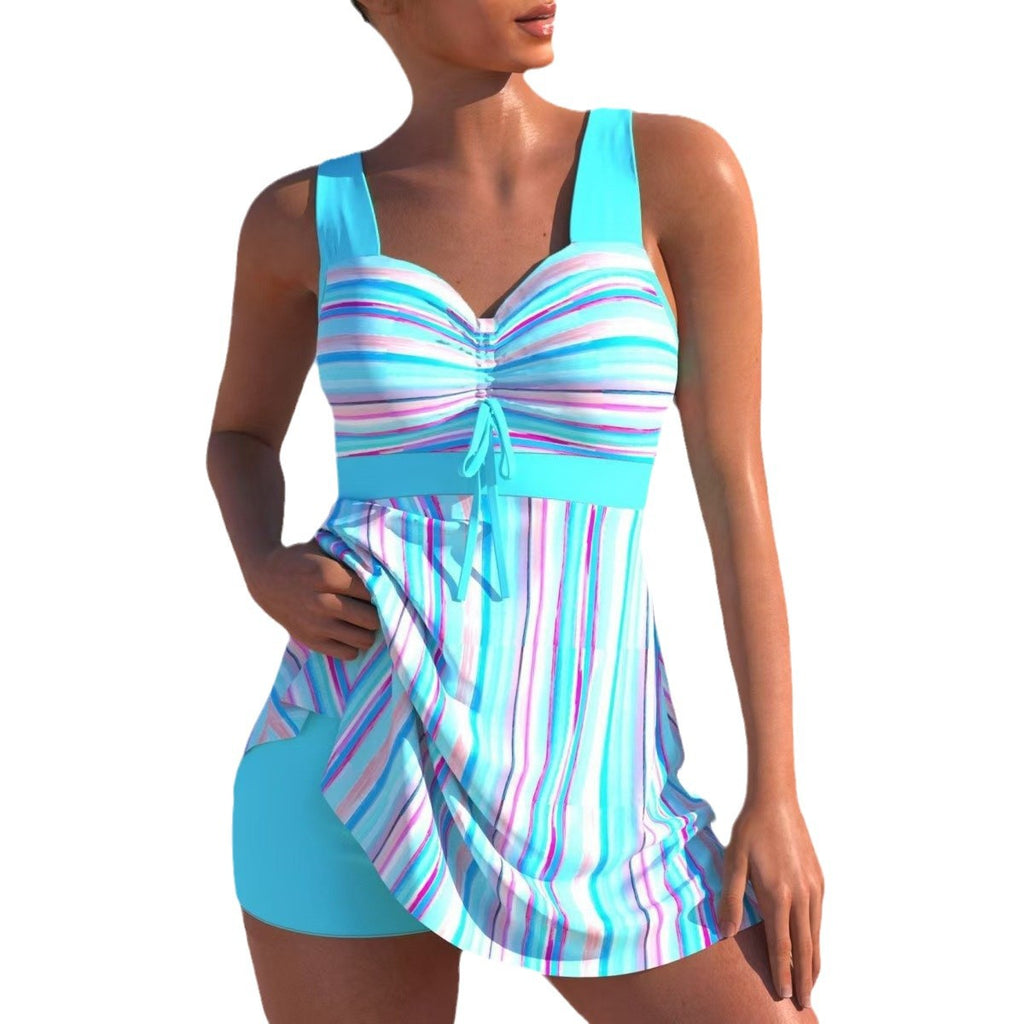 New Striped Printed Gathered Pleated Tankini with High-Waist Boxer for Women