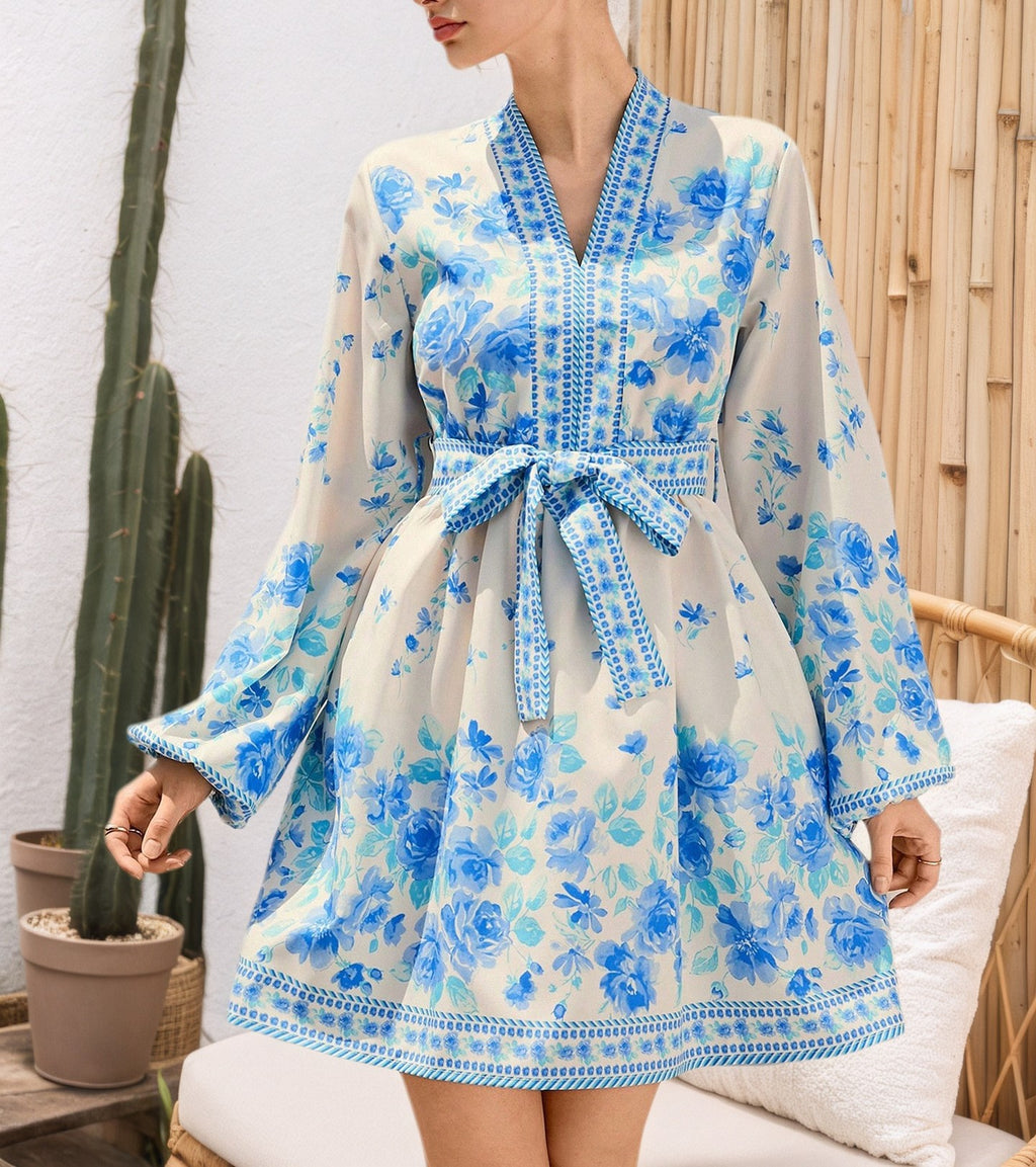 Women's V-Neck Floral Print Long Sleeve Belted Lantern Sleeve Midi Dress