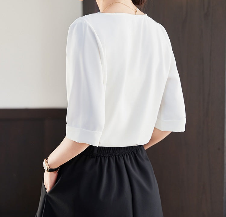 Women's V-Neck Half Sleeve Shirt - Summer Lightweight Loose Fit Casual Elegant Top