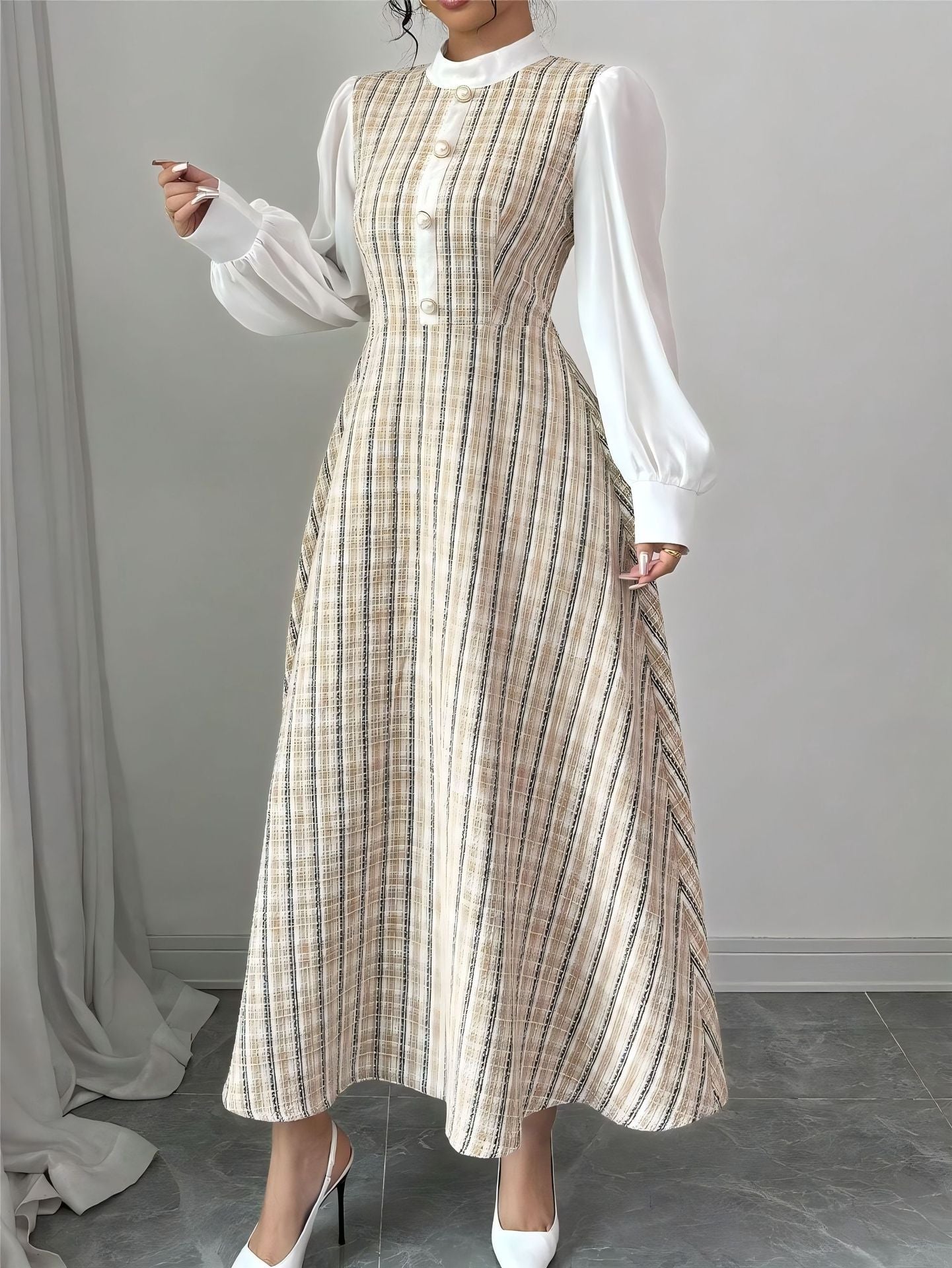 Winter Elegant Waist-Defined Long Sleeve Dress with Tailored Fit and Modern Fashion Design