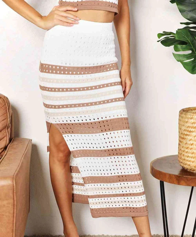 Women's Double Take Striped Openwork Cropped Tank and Split Skirt Set