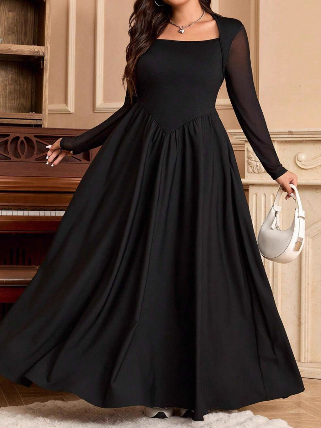 Women's Autumn Winter Solid Color Large Swing Maxi Dress Elegant High Waist Long Sleeve Plus Size Dress