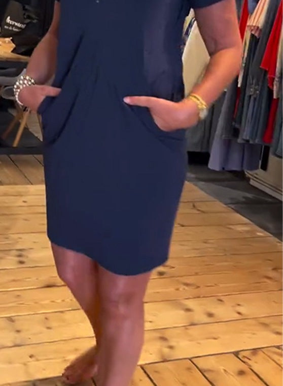 Women's Casual Lapel Short Sleeve Zip-Front Solid Color Dress