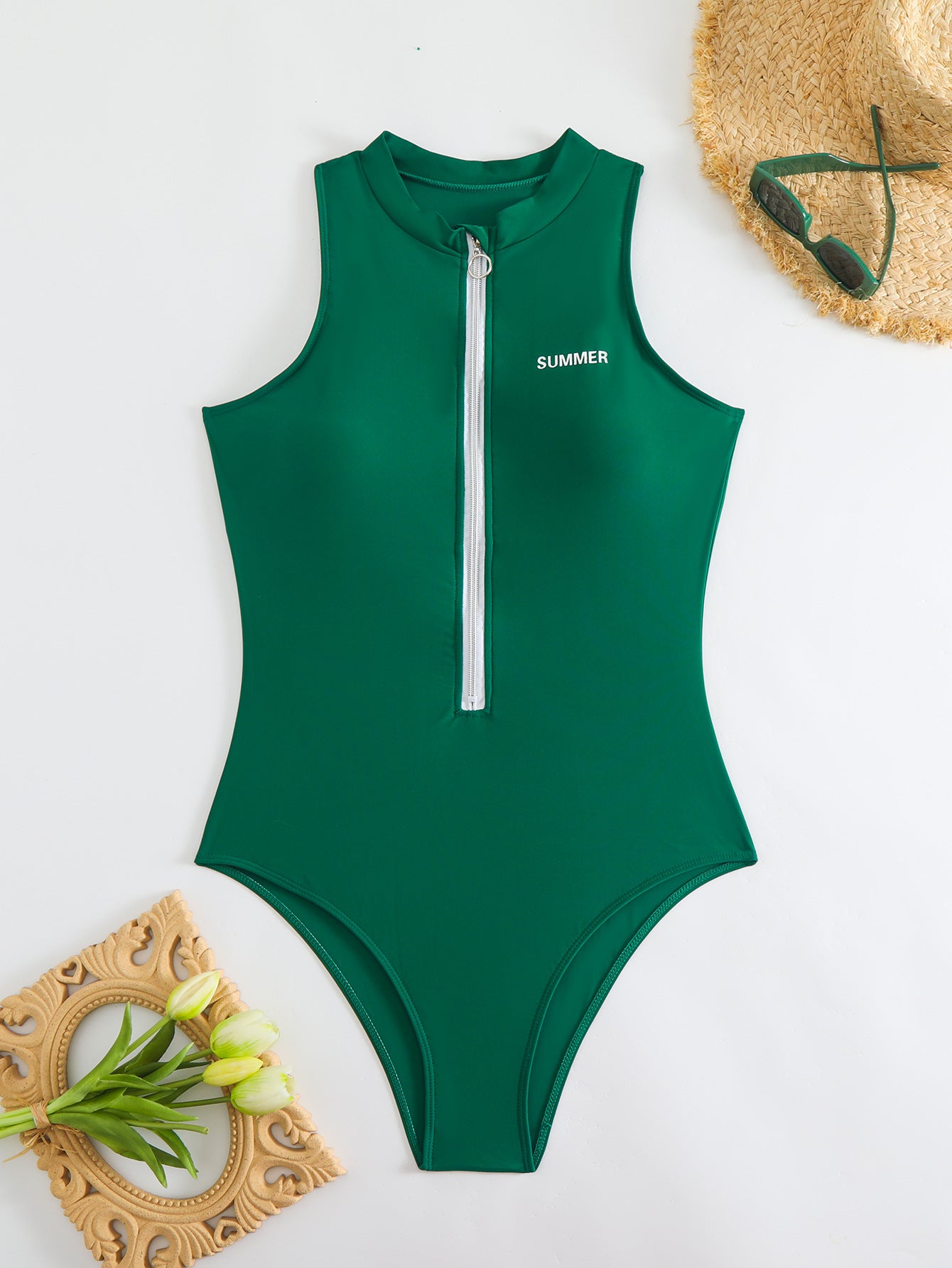 Solid Color High Collar Zipper One-Piece Surfing Suit Bikini Briefs