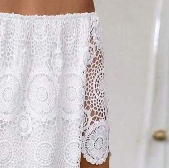 Women's Solid Color One-Shoulder Short Sleeve Lace Cutout Dress