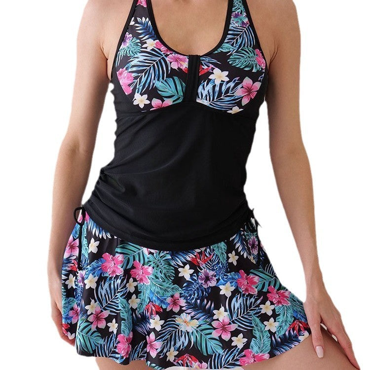 New Digital Printing Cross Shoulder Bikini Skirt Split Swimsuit