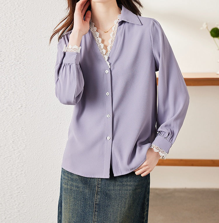 Women's White Chiffon V-Neck Blouse - Elegant Long-Sleeve Shirt