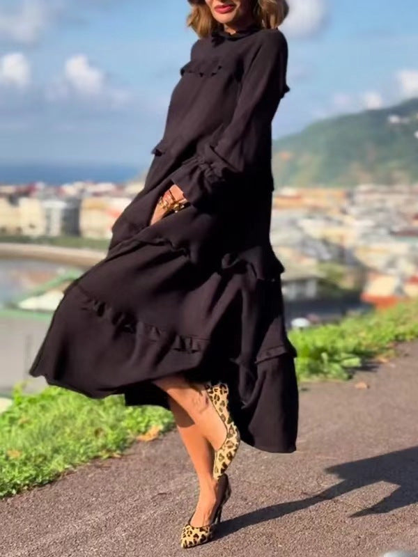 Women's Long-Sleeved Splicing Round Neck Ruffle Dress