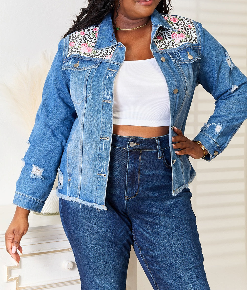 Baeful Leopard Floral Distressed Raw Hem Denim Jacket