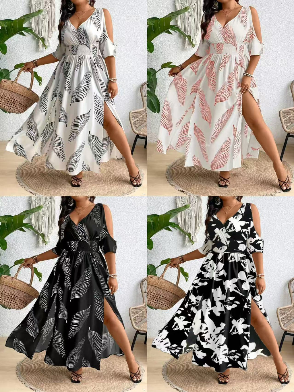 Women's Plus Size V-Neck Printed Sleeveless Maxi Dress – Elegant Shoulder Design, Casual Fashion Long Dress