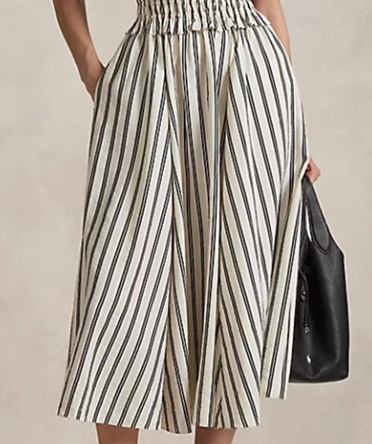 Women's Striped Off-Shoulder Halterneck Sleeveless Waist-Defined Dress