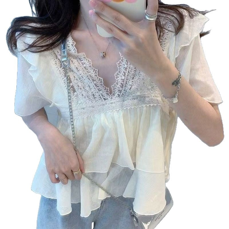 Women's Ruffled V-Neck Lace Chiffon Blouse – Elegant Loose Fit Short Sleeve Apricot Cream Top