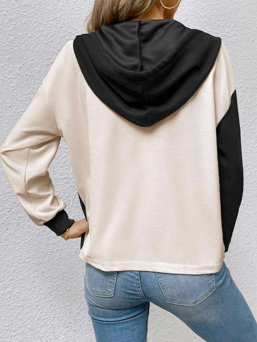Women's Color Block Off-Shoulder Hooded Drawstring Sweatshirt – Casual Long Sleeve Sports Pullover