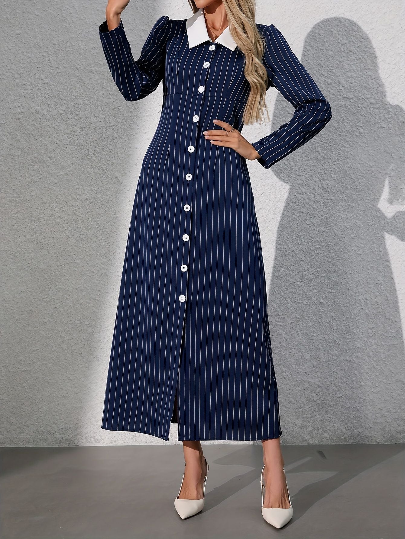 Women's Striped Turn-Down Collar Long Shirt Dress with Side Slit, Button-Front Casual Maxi Dress